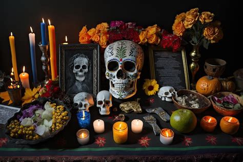 Premium AI Image | Day of the dead altar decorated with candles flowers ...