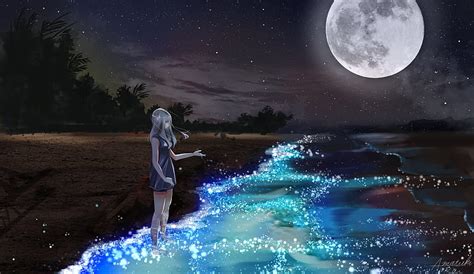 Anime Girl At Seashore Dark Moon, anime-girl, anime, artist, artwork ...