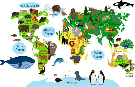 World Map With Animals - North America map