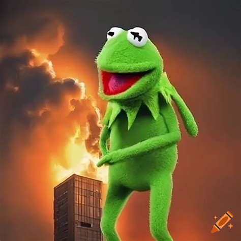 Kermit the frog meme jumping off a building on Craiyon