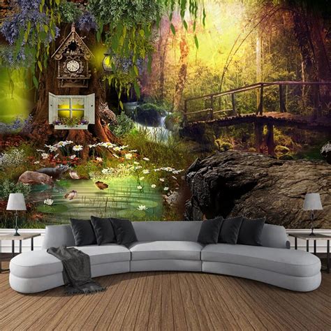 Fantasy Forest Landscape Animal River Wooden Bridge Tapestry Art ...