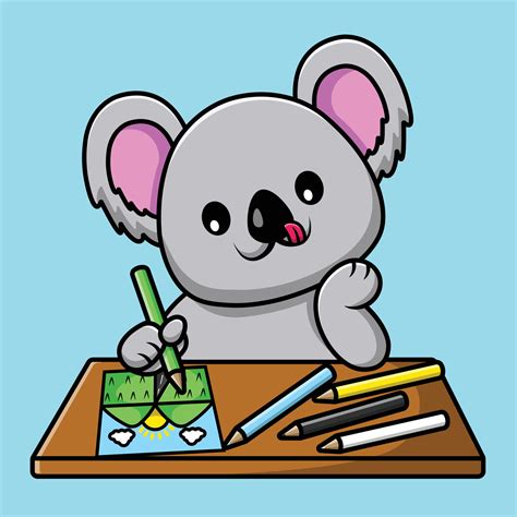 Cute Koala Drawing Mountain With Crayon And Paper On Table Cartoon ...