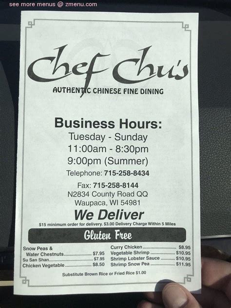 Menu at Chef Chu's Chinese Cuisine restaurant, Waupaca