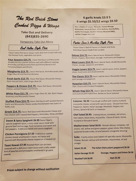 Menu at The Red Brick Pizza and Wings pizzeria, Cottageville