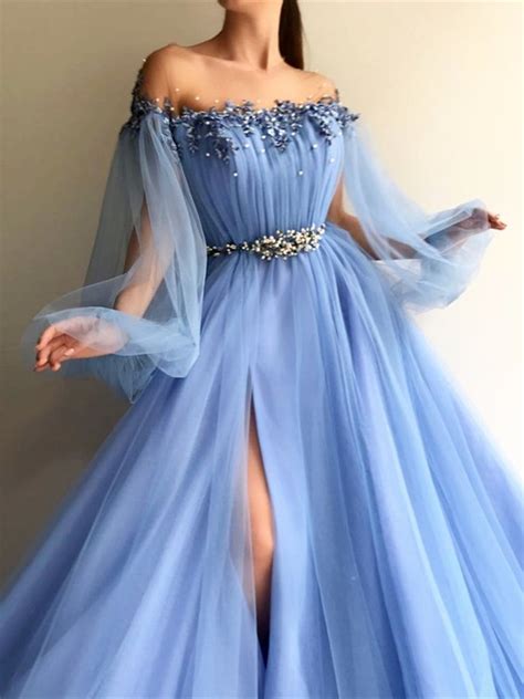 Custom Made Round Neck Baby Blue Tulle Long Sleeves Prom Dresses, Blue ...