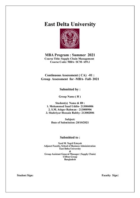 Assingment Front Page Format - East Delta University MBA Program ...