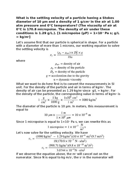 Settling velocity of particles - Docsity