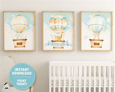 Hot Air Balloon Nursery Wall Art Cute Animals Printable | Etsy