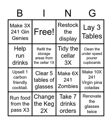 Bar Bingo Card