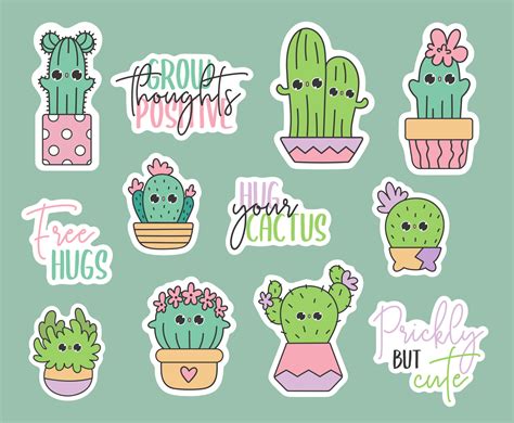 Cute vector stickers pack of kawaii doodles cactus in pots. Baby cacti ...