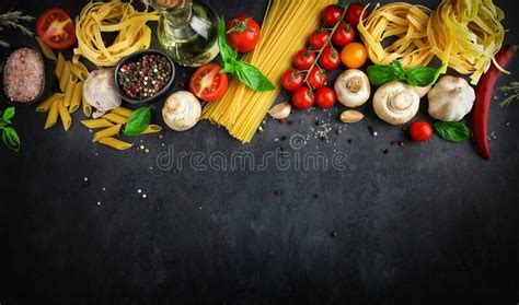 Italian Food Background with Pasta Ingredients on Dark Background, Top ...