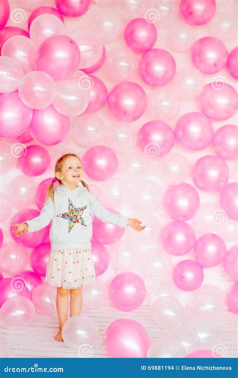 Little Girl Playing with Pink Balloons Stock Photo - Image of delight ...