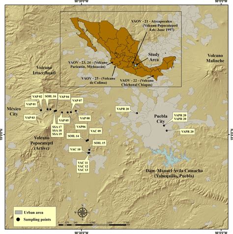 Map showing the location of samples taken around the Popocatépetl ...