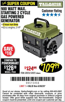 TAILGATOR 900 Watt Max Starting 2 Cycle Gas Powered Generator for $109. ...