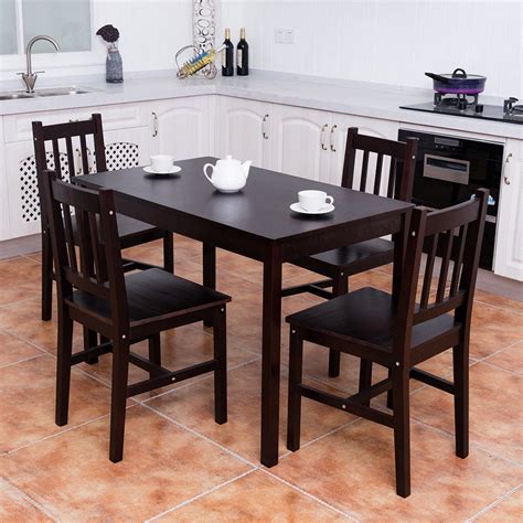 Costway 5PCS Solid Pine Wood Dining Set Table and 4 Chairs Home Kitchen ...