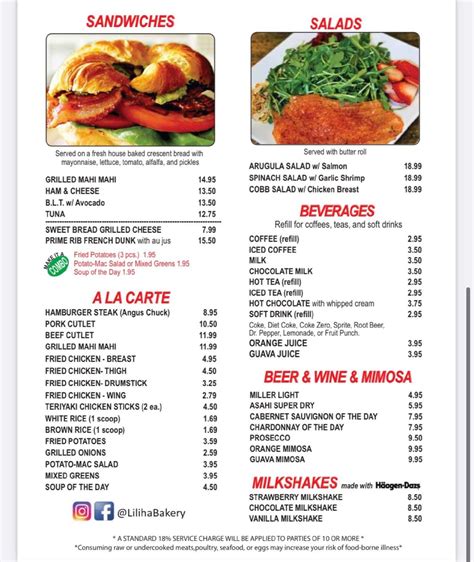 Menu at Liliha Bakery, Honolulu, 1450 Ala Moana Blvd