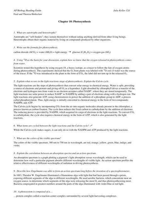 Ap Biology Chapter 10 Photosynthesis Study Guide Answer Key - Study Poster