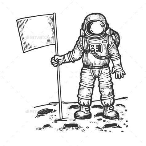 Spaceman on Moon with Flag Engraving Vector | Astronaut drawing, Flag ...