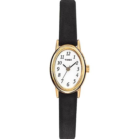 Timex Women's Classic Cavatina Goldtone Oval Case Black Leather Strap ...