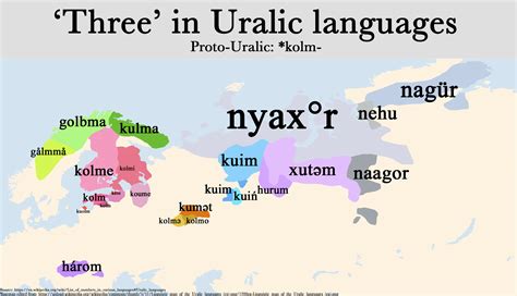 The word for 'three' in Uralic languages [OC][2357 × 1356] : r ...