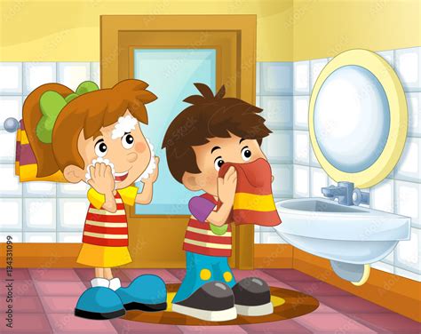 Cartoon kids in the bathroom - girl and boy washing face and wiping ...