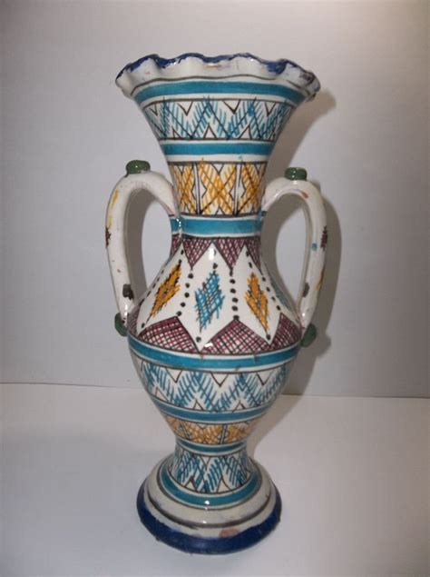 Vintage Moroccan Pottery Vase SIGNED SAFI 12.25" TURQUOISE Yellow #Safi ...