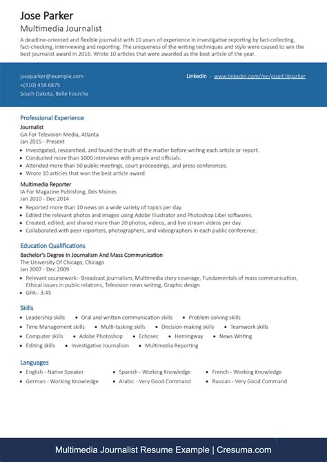 Journalist Resume Example & Writing Guide | Cresuma