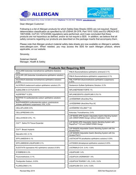 Products Not Requiring MSDS - Allergan