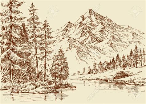 Alpine Landscape, River And Pine Forest Sketch Royalty Free Cliparts ...