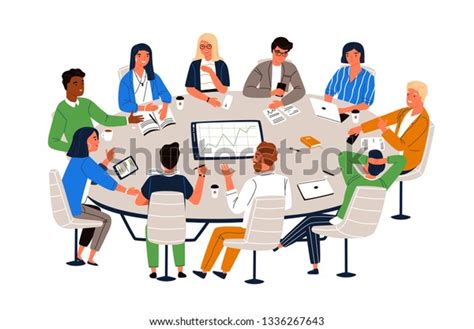 Office Workers Sitting Round Table Discussing Stock Vector (Royalty ...