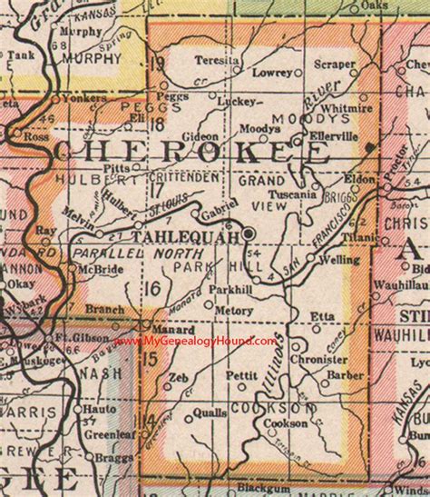 Cherokee County, Oklahoma 1922 Map Tahlequah, Hulbert, Moodys, Peggs ...