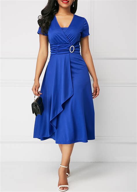 Asymmetric Hem V Neck Royal Blue Dress | Rosewe.com - USD $33.46