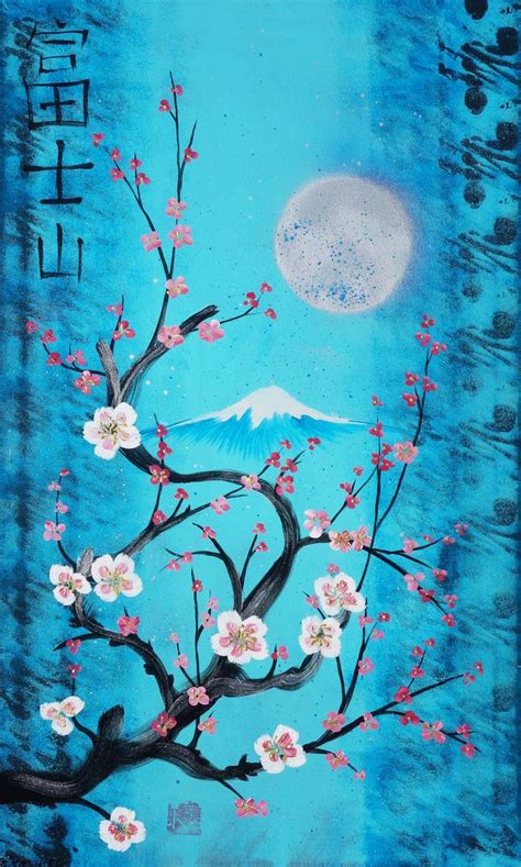 Fuji Sakura branch moon Japan Hieroglyph original art in japanese style ...