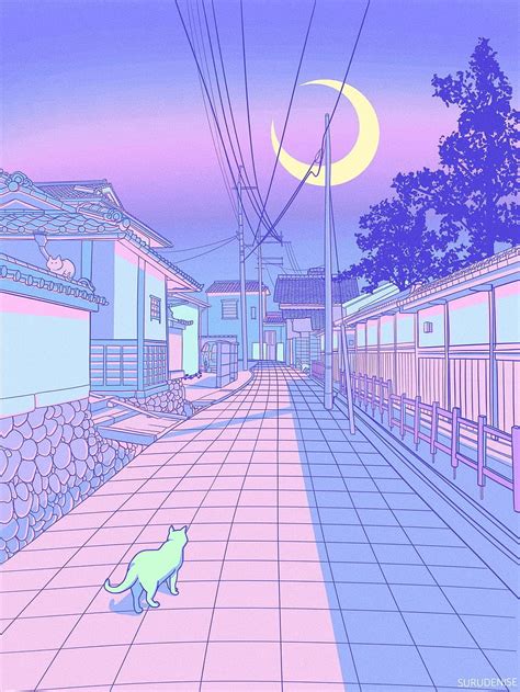 Pastel Japan, Cats and Alleyways Illustrations. Aesthetic background ...