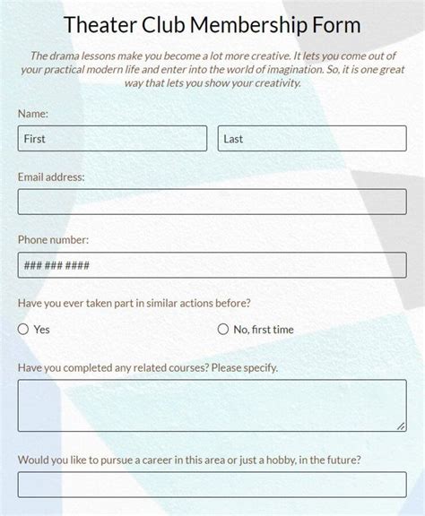 Free Theater Club Membership Form Template | 123FormBuilder