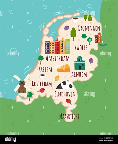 Cartoon map of Netherlands. Travel illustration with holland landmarks ...