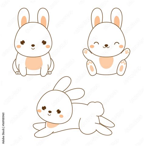 Cute rabbit. Kawaii Bunny. White hare sitting and jumping. Cartoon ...