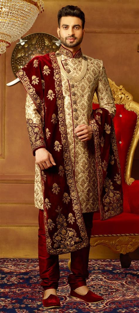 Banarasi Silk Sherwani in Gold with Zari work | Wedding dresses men ...