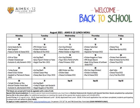 Lunch Menu for August 2021 — AIMS K-12