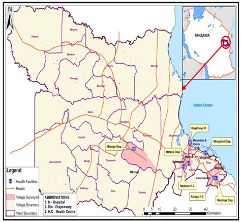 A map of Bagamoyo district showing selected health facilities and ...