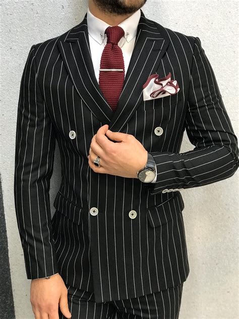 Buy Black Slim Fit Double Breasted Pinstripe Suit by GentWith.com