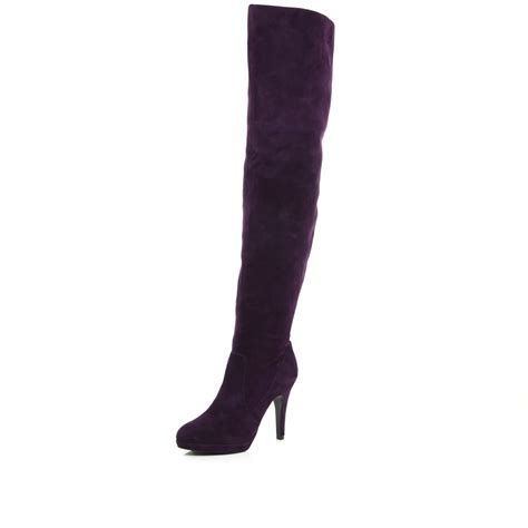 River Island Purple Suede Knee High Boots in Purple | Lyst