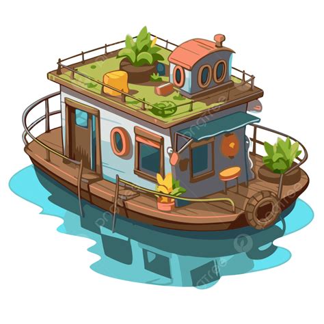 Ponton Clipart Gaya Kartun Houseboat Dengan Tanaman Dan Tanaman Di Atap ...