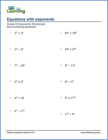 grade 6 math worksheet: equations with exponents | K5 Learning