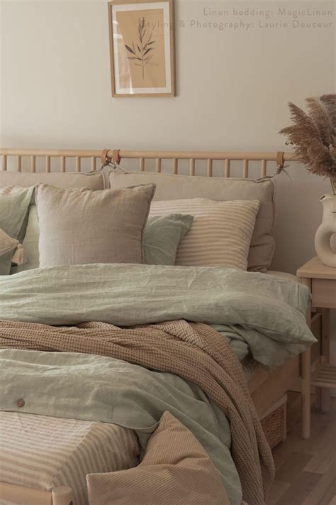 Sage Green & Striped in Natural Linen Bedding Combo | MagicLinen | Room ...