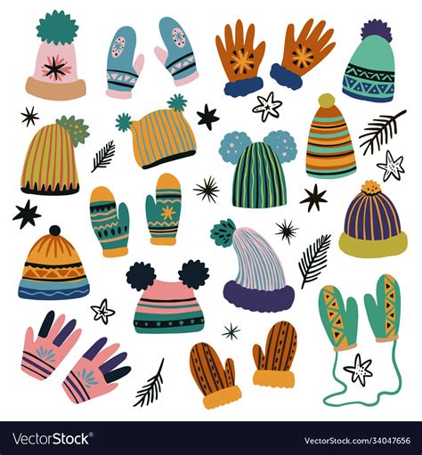 Cute set winter clothing clip art hats Royalty Free Vector