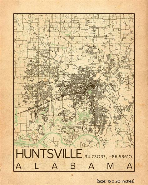 Huntsville Alabama City Map Print Poster Antique Vintage Aged | Etsy