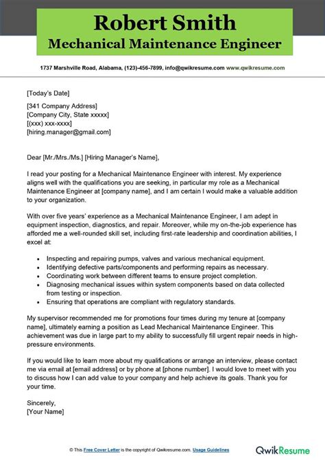 Mechanical Maintenance Engineer Cover Letter Examples - QwikResume