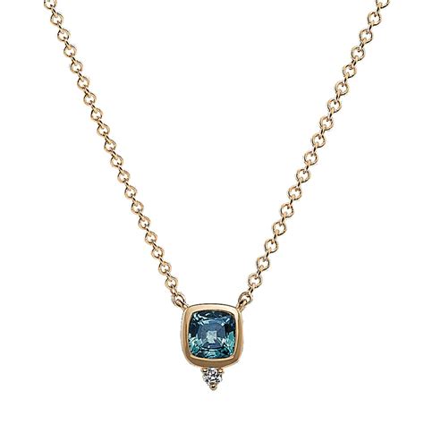 Zealand Teal Sapphire and Diamond Pendant in 14K Yellow Gold (18 in ...