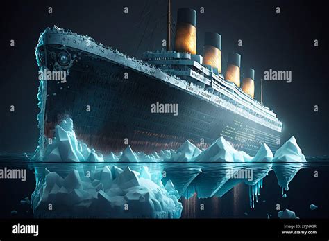 Large ship sinking after hitting an iceberg. Historic tragic event ...